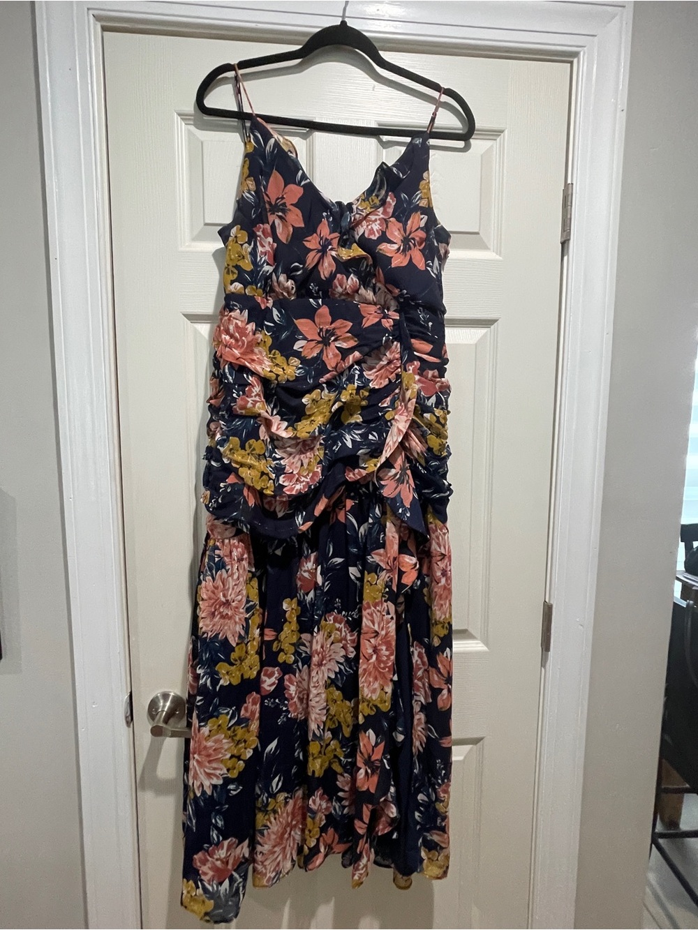 Lulus Navy Floral Ruched Ruffle Midi Dress